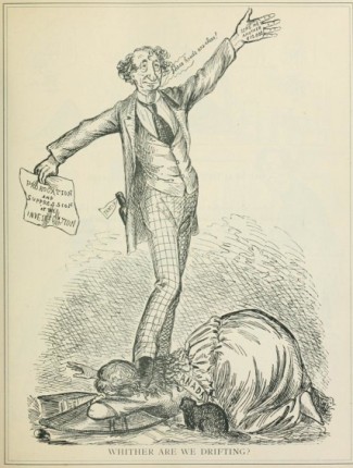  "Whither are we drifting?" Cartoonist Bengough satirizes Prime Minister John A. Macdonald's policy of delay in the wake of the Pacific Scandal, in August of 1873. Image by John Wilson Bengough, (died 1923) [Public domain or Public domain], via Wikimedia Commons.  The Day of the Monkey (One Chuwen) is Sir John A. Macdonald's 200th birthday.