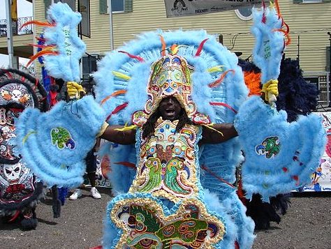 Mohawk Hunters Mardi Gras Indians at Algiers Riverfest, New Orleans, 2009. Photo Credit: Howie Luvzus (originally posted to Flickr as Mohawk Hunters) [CC BY 2.0], via Wikimedia Commons